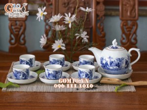 Bộ ấm chén dáng chóp lửa men lam cổ vẽ trúc lâm thất hiền, kẻ chỉ vàng kim 350ml