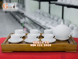 Bộ ấm chén dáng chóp lửa men trắng 600ml