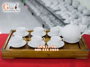 Bộ ấm chén dáng chóp lửa men trắng 500ml