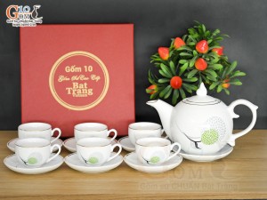 Bộ ấm chén dáng chóp lửa men trắng Bồ Công Anh, kẻ chỉ vàng kim, 500ml