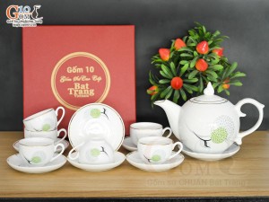 Bộ ấm chén dáng chóp lửa men trắng Bồ Công Anh, kẻ chỉ vàng kim, 500ml