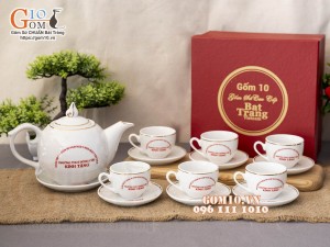 Bộ ấm chén dáng chóp lửa men trắng họa tiết Bồ Công Anh kẻ chỉ vàng, in logo quà tặng 20/11