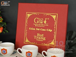 Bộ ấm chén dáng chóp lửa men trắng họa tiết Sen xanh, in logo quà tặng