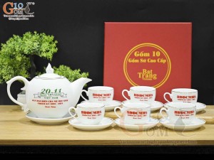 Bộ ấm chén dáng chóp lửa men trắng kẻ chỉ vàng kim - in logo