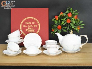 Bộ ấm chén mẫu đơn men trắng kẻ chỉ vàng kim 650ml