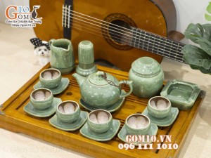 Bộ ấm chén dáng chóp men hỏa biến xanh ngọc, chén lòng hoa - đầy đủ phụ kiện, 350ml