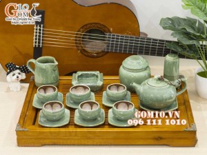 Bộ ấm chén dáng chóp men hỏa biến xanh ngọc, chén lòng hoa - đầy đủ phụ kiện, 350ml
