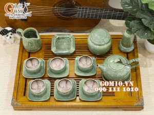 Bộ ấm chén dáng chóp men hỏa biến xanh ngọc, chén lòng hoa - đầy đủ phụ kiện, 350ml