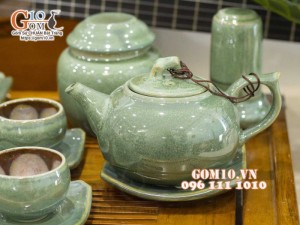 Bộ ấm chén dáng chóp men hỏa biến xanh ngọc, chén lòng hoa - đầy đủ phụ kiện, 350ml