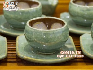 Bộ ấm chén dáng chóp men hỏa biến xanh ngọc, chén lòng hoa - đầy đủ phụ kiện, 350ml