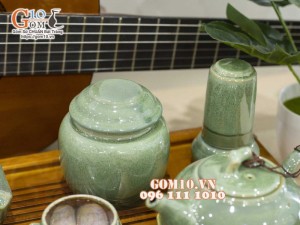 Bộ ấm chén dáng chóp men hỏa biến xanh ngọc, chén lòng hoa - đầy đủ phụ kiện, 350ml