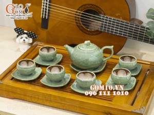 Bộ ấm chén dáng chóp men hỏa biến xanh ngọc, chén lòng hoa, 350ml