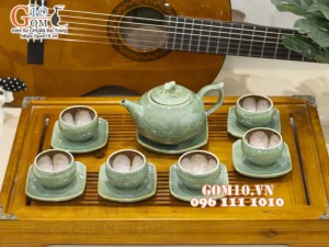 Bộ ấm chén dáng chóp men hỏa biến xanh ngọc, chén lòng hoa, 350ml