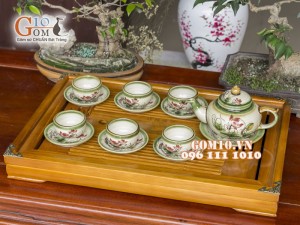 Bộ ấm chén dáng chóp men vuốt, vẽ sen 350ml