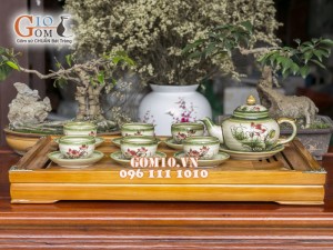 Bộ ấm chén dáng chóp men vuốt, vẽ sen 350ml