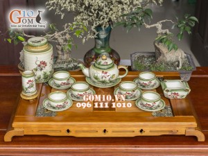 Bộ ấm chén dáng chóp men vuốt, vẽ sen, đầy đủ phụ kiện