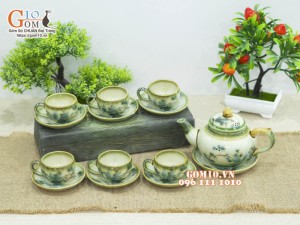 Bộ ấm chén dáng chóp men vuốt, vẽ tre xanh 350ml (Chén có quai)