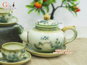 Bộ ấm chén dáng chóp men vuốt, vẽ tre xanh 350ml (Chén có quai)