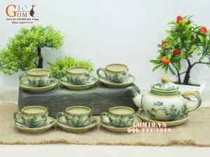 Bộ ấm chén dáng chóp men vuốt, vẽ tre xanh 350ml (Chén có quai)