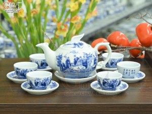 Bộ ấm chén dáng công men lam cổ cảnh Trúc Lâm Thất Hiền, 350ml