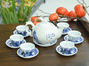 Bộ ấm chén dáng công men lam cổ cảnh Trúc Lâm Thất Hiền, 350ml