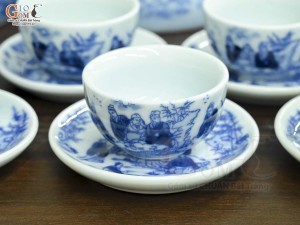 Bộ ấm chén dáng công men lam cổ cảnh Trúc Lâm Thất Hiền đầy đủ phụ kiện, 350ml