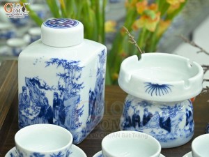 Bộ ấm chén dáng công men lam cổ cảnh Trúc Lâm Thất Hiền đầy đủ phụ kiện, 350ml