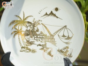 Bộ ấm chén dáng công men trắng cảnh Làng Quê vẽ vàng 24k, khay tròn, 300ml