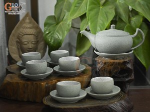 Bộ ấm chén dáng dẹt gốm hồng sa màu rêu, 300ml