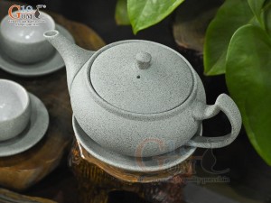 Bộ ấm chén dáng dẹt gốm hồng sa màu rêu, 300ml
