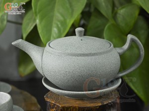 Bộ ấm chén dáng dẹt gốm hồng sa màu rêu, 300ml
