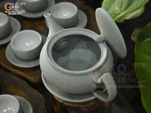 Bộ ấm chén dáng dẹt gốm hồng sa màu rêu, 300ml