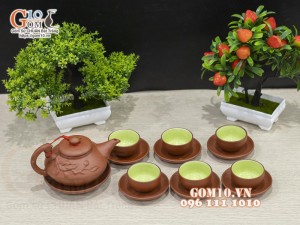 Bộ ấm chén dáng dẹt gốm tử sa, khắc Đào đỏ 330ml