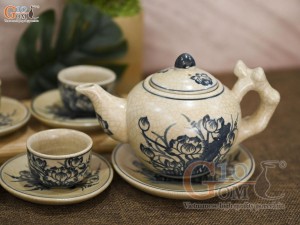 Bộ ấm chén dáng gốc cây men rạn vẽ hoa sen, dung tích 350ml