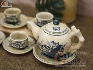 Bộ ấm chén dáng gốc cây men rạn vẽ hoa sen, dung tích 350ml