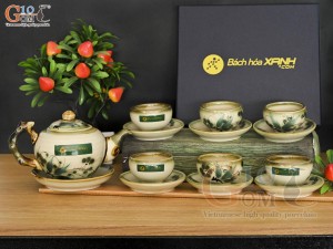 Bộ ấm chén dáng gốc cây men vuốt vẽ tre xanh in logo, 350ml