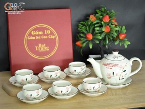 Bộ ấm chén dáng quả hồng men kem vẽ hoa Đào phai inlogo