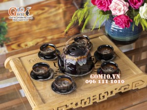 Bộ ấm chén dáng lục giác đỏ men hỏa biến 500ml