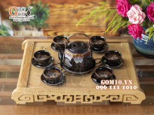 Bộ ấm chén dáng lục giác đỏ men hỏa biến 500ml