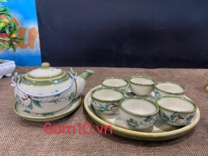 Bộ ấm chén dáng nhật khay tròn men vuốt vẽ tre xanh, 300ml