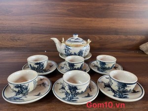 Bộ ấm chén dáng nhật men rạn cổ cảnh trúc lâm thất hiền, 350ml