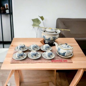 Bộ ấm chén dáng nhật men rạn cổ cảnh trúc lâm thất hiền kèm điếu bát