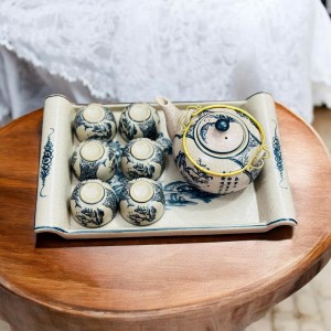 Bộ ấm chén dáng nhật men rạn cổ khay cuốn thư, 350ml