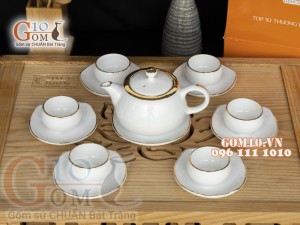 Bộ ấm chén dáng nhật men trắng, viền Vàng 300ml