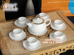 Bộ ấm chén dáng nhật men trắng, viền Vàng 300ml