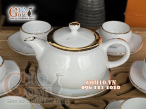 Bộ ấm chén dáng nhật men trắng, viền Vàng 300ml