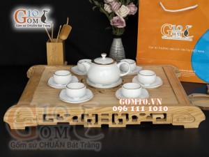 Bộ ấm chén dáng nhật men trắng, viền Vàng 300ml