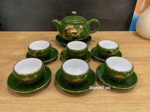 Bộ ấm chén dáng nhật men xanh cảnh Thuận Buồm Xuôi Gió vẽ vàng 24k, 300ml