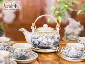 Bộ ấm chén dáng nhật vẽ sen men rạn cổ bọc đồng, đầy đủ phụ kiện