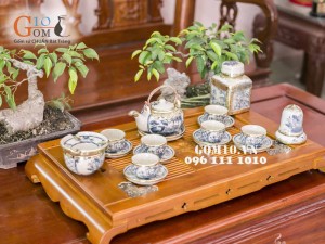 Bộ ấm chén dáng nhật vẽ sen men rạn cổ bọc đồng, đầy đủ phụ kiện